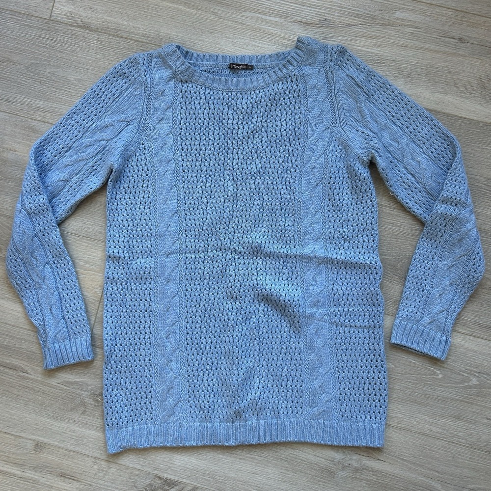 J.McLaughlin Medium Blue Cable Knit Boat Neck Cashmere Wool Blend Tunic Sweater
